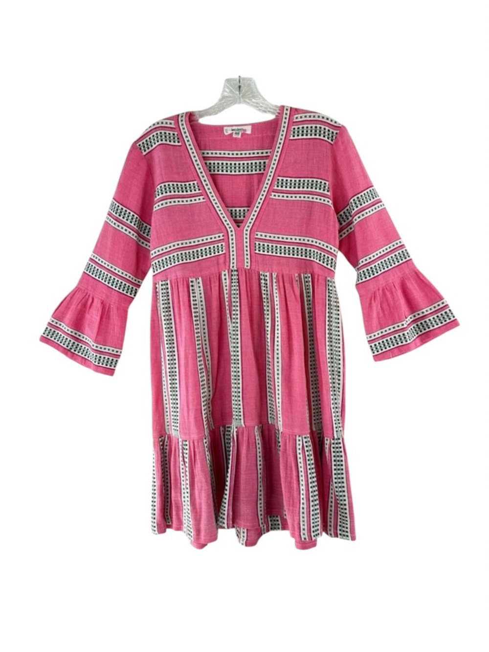 lemlem Pink and Black Striped V-Neck Boho Flutter Dress NWOT